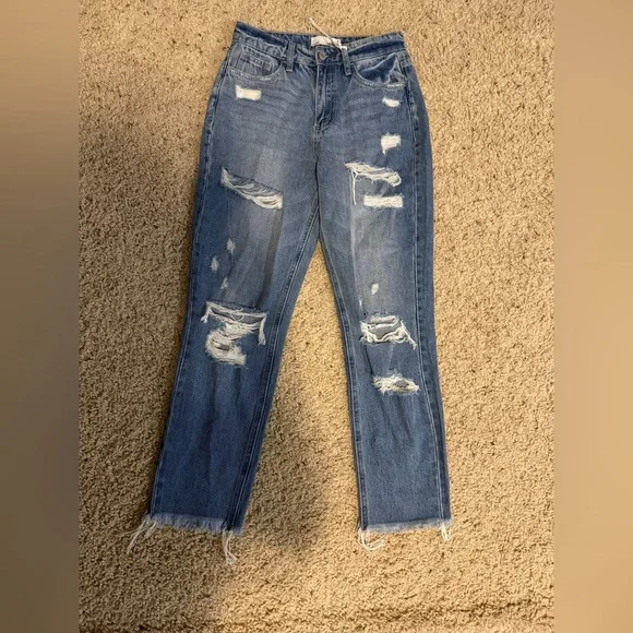 Vervet by flying monkey women's 25 Distressed Destroyed Raw hem Mom Jeans V2149 - Picture 2 of 4